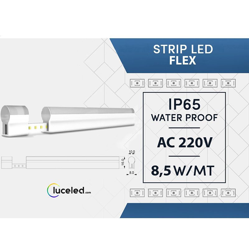 Striscia LED 220V AC 120 LED/m Bianco Caldo IP65 Taglio ad ogni 50